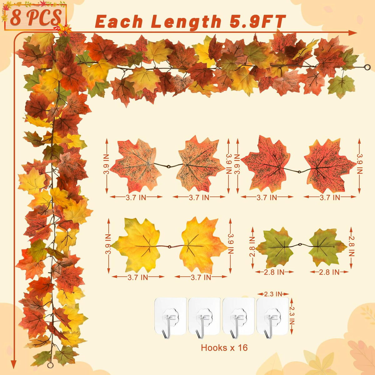 Artificial fall leaf garland with orange and yellow maple leaves on connected string
