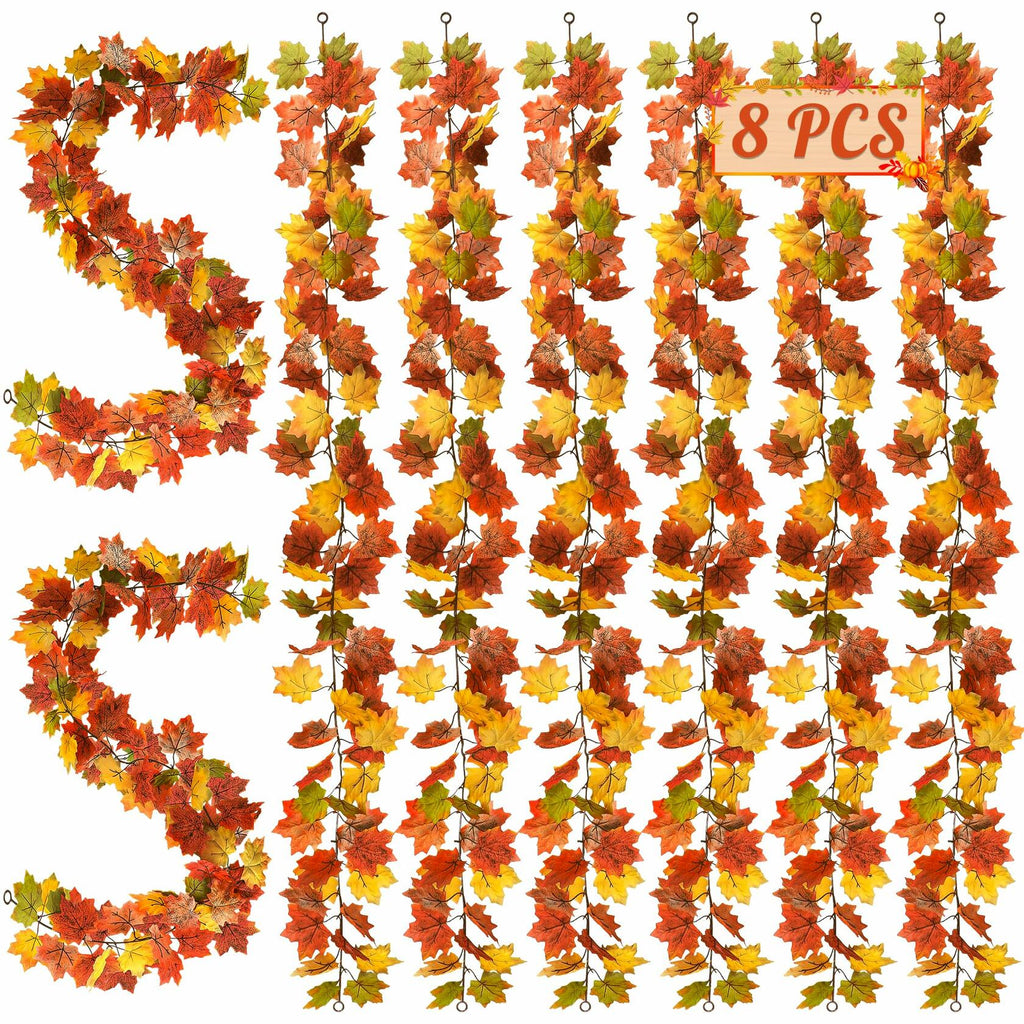Artificial maple leaf garland strands with orange, red, and yellow fall leaves, 8 pack