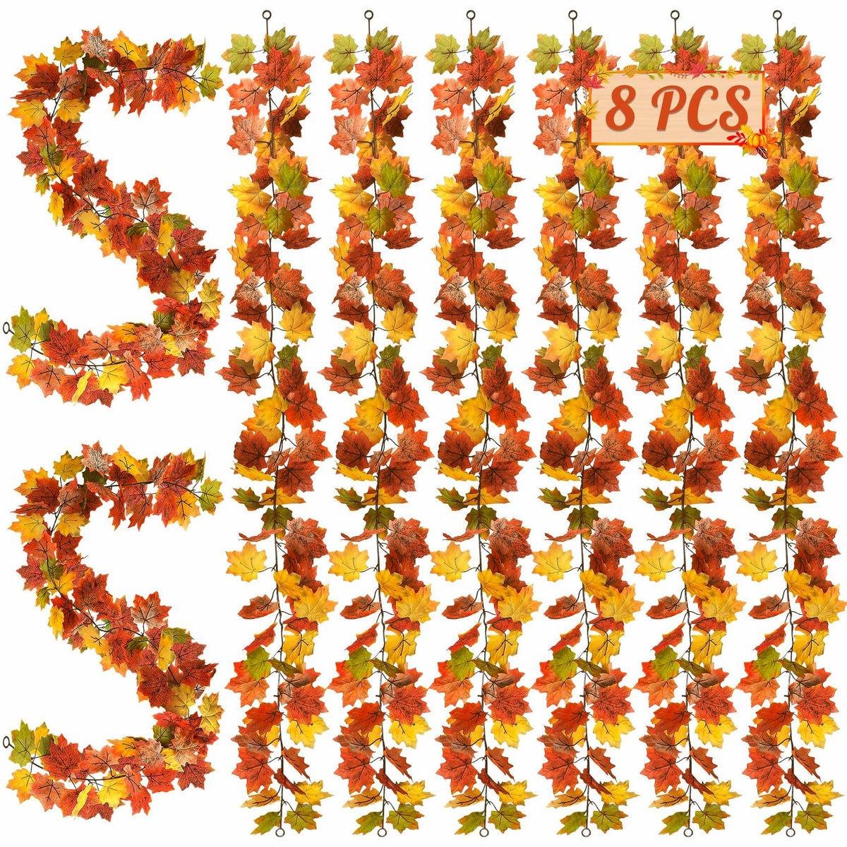 Artificial maple leaf garland strands with orange, red, and yellow fall leaves, 8 pack