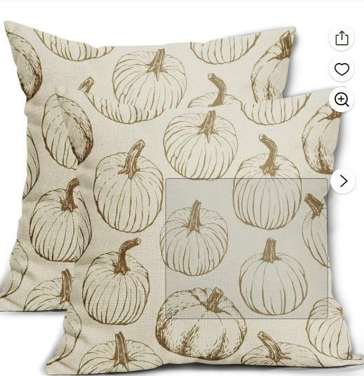Square linen pillow cover set of 2 with beige base and brown pumpkin prints, 18x18