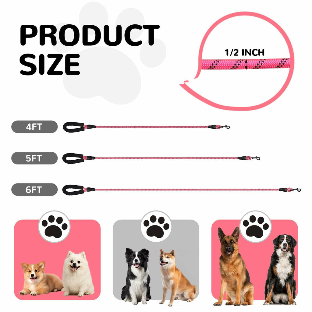 Pink reflective dog leash shown in 4ft, 5ft, and 6ft lengths with black handles