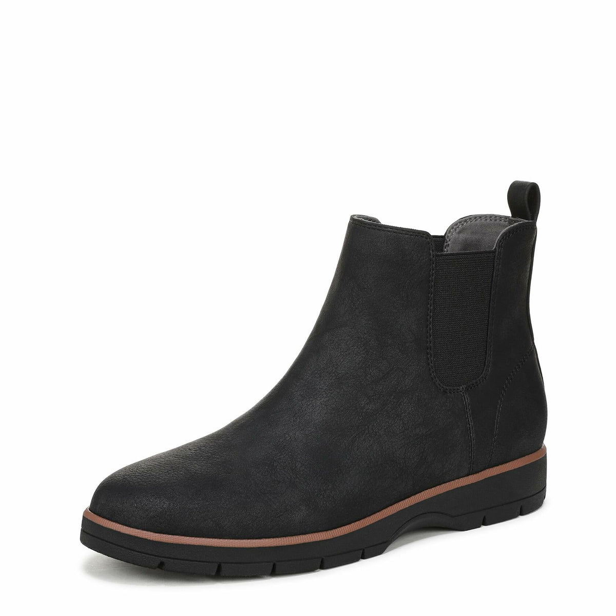Black smooth ankle boot with elastic side panels and low tread sole
