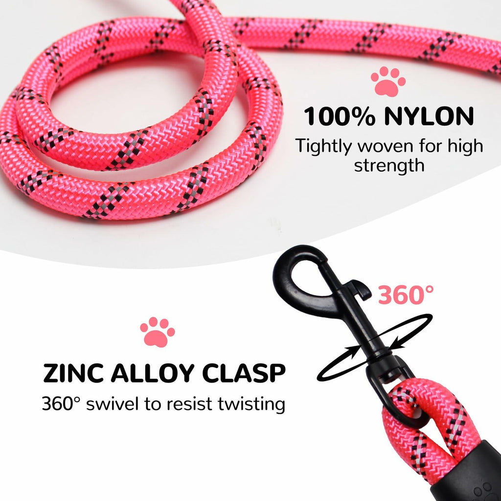 Pink nylon rope dog leash with black swivel clasp and 360-degree connector