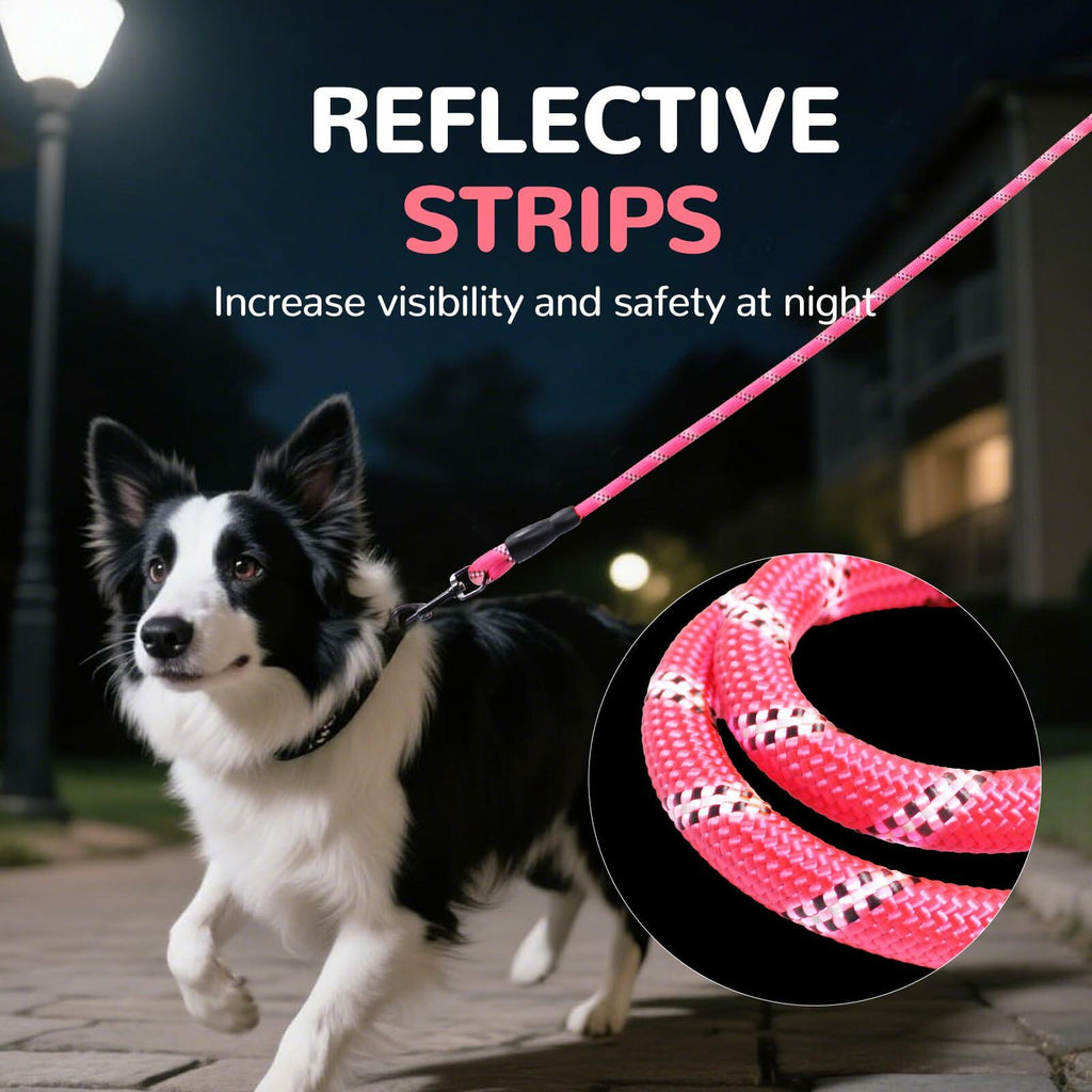 Pink reflective dog leash rope with black padded handle for night visibility
