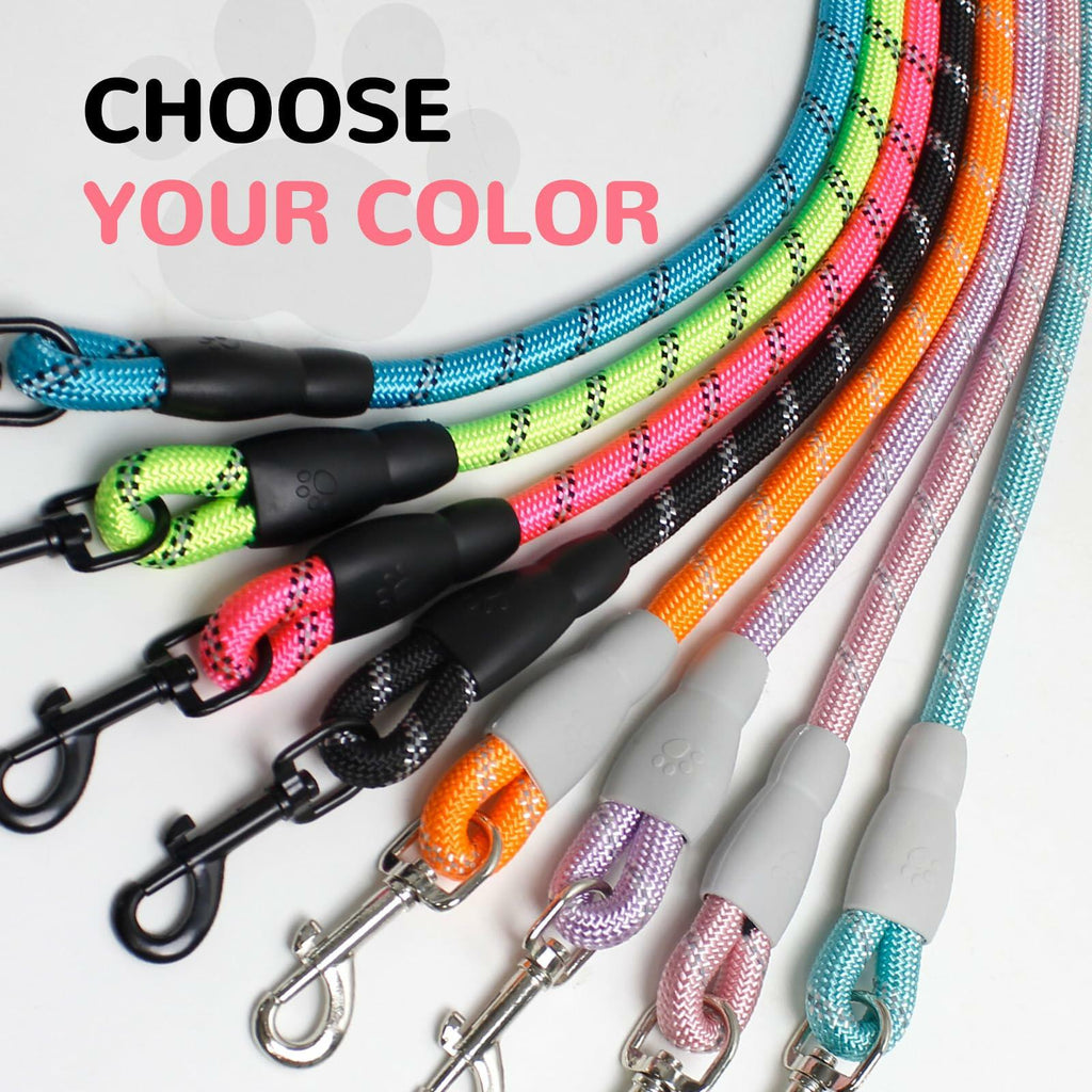 Colorful reflective dog leashes with black padded handles and metal clips
