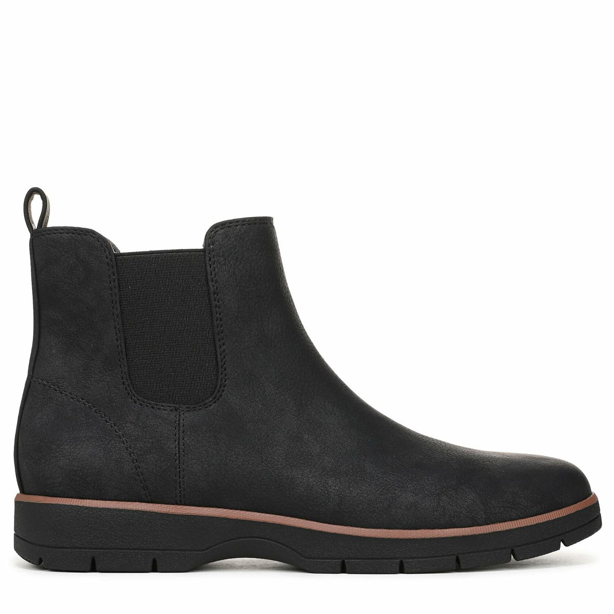 Black ankle boot with elastic side panels, heel pull tab, and rubber sole