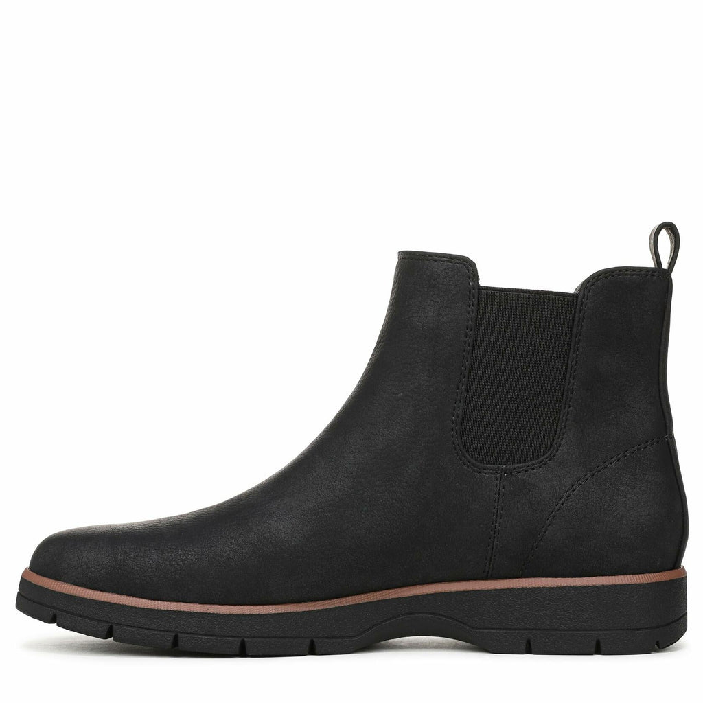 Black ankle boot with elastic side gore, rounded toe, and low tread sole