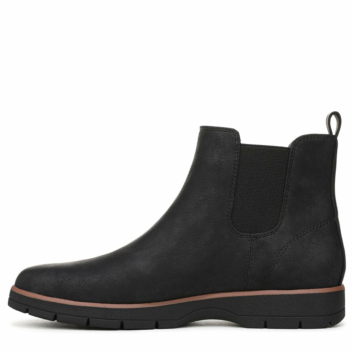 Black ankle boot with elastic side gore, rounded toe, and low tread sole