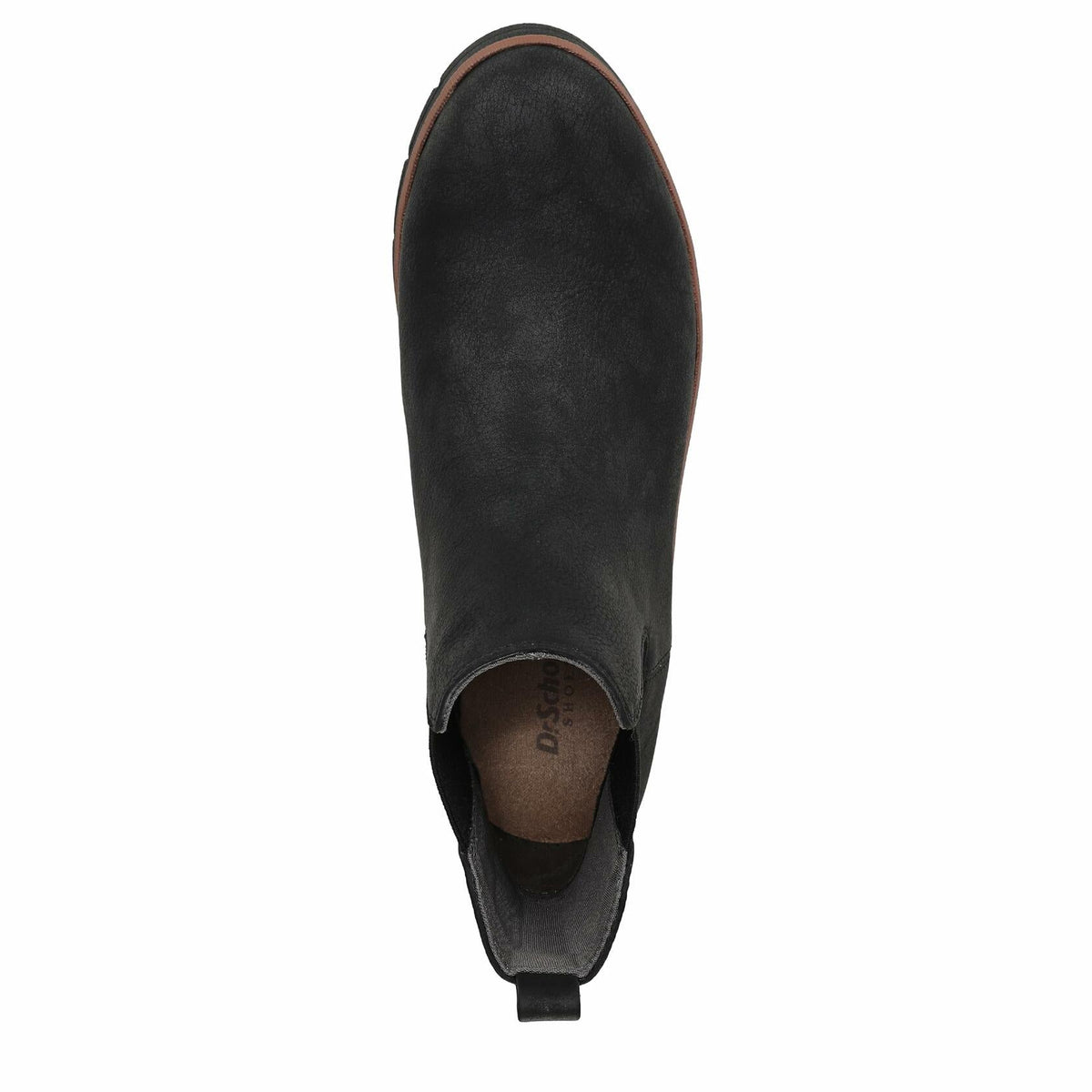 Black leather ankle boot with elastic gore panels and heel pull tab