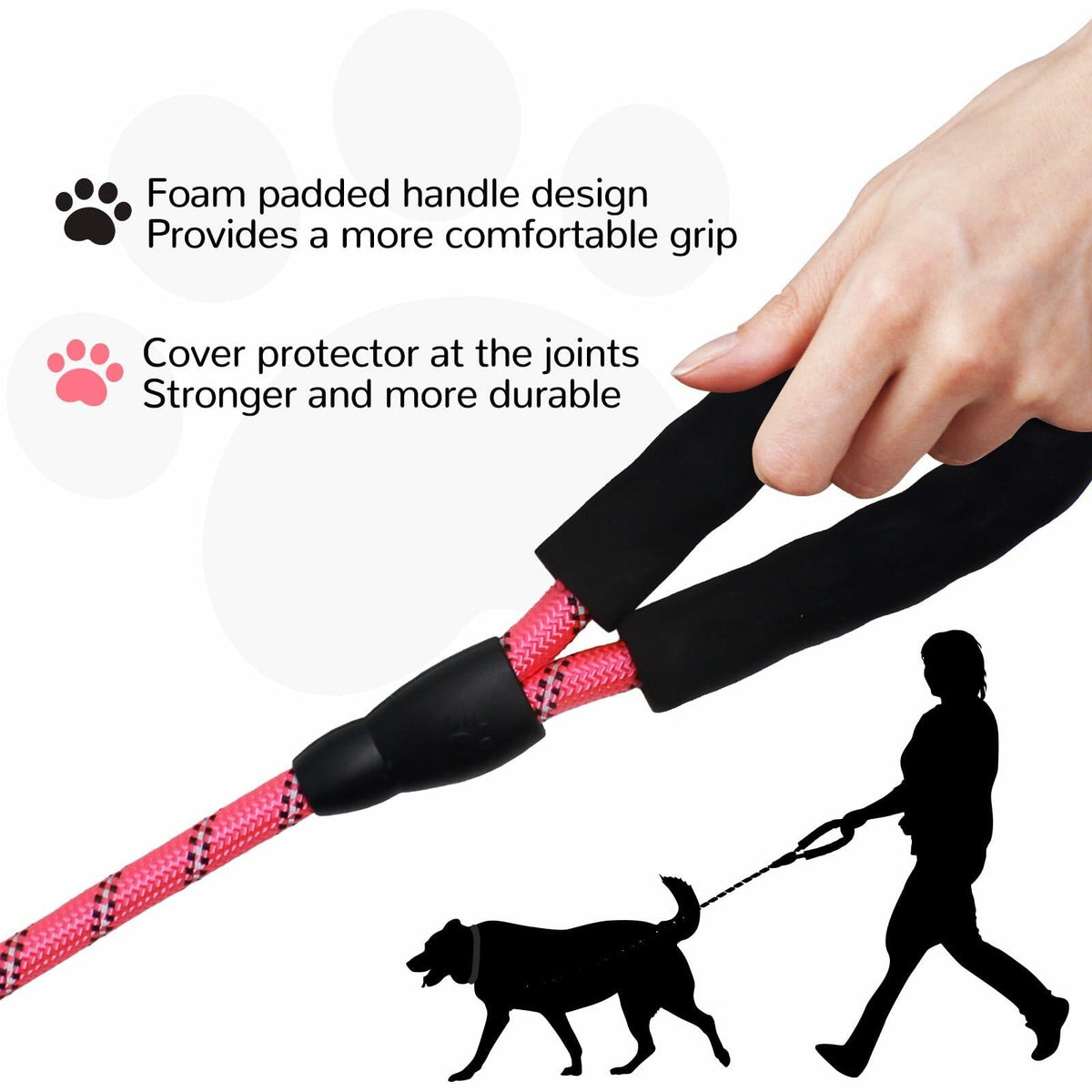 Pink reflective rope dog leash with foam-padded handle and black joint protectors