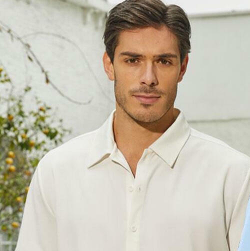 Men's short-sleeve dress shirt close-up: point collar and button placket, light color