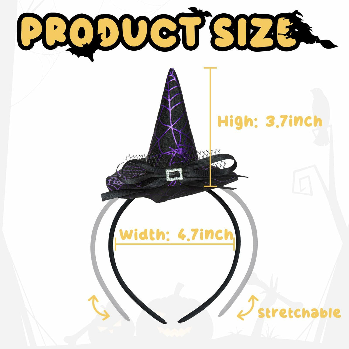Purple witch hat headband with black cone hat, black bow, and elastic band