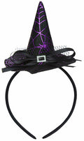 Witch hat headband with purple cone hat, black veil, and bow on a black elastic band