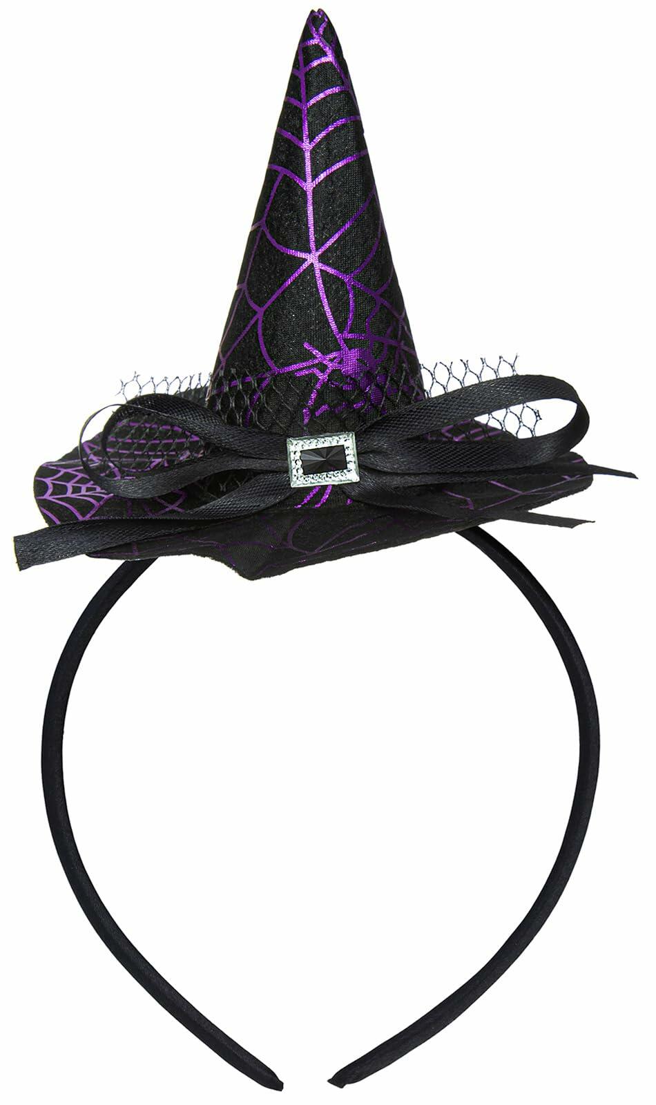 Witch hat headband with purple cone hat, black veil, and bow on a black elastic band