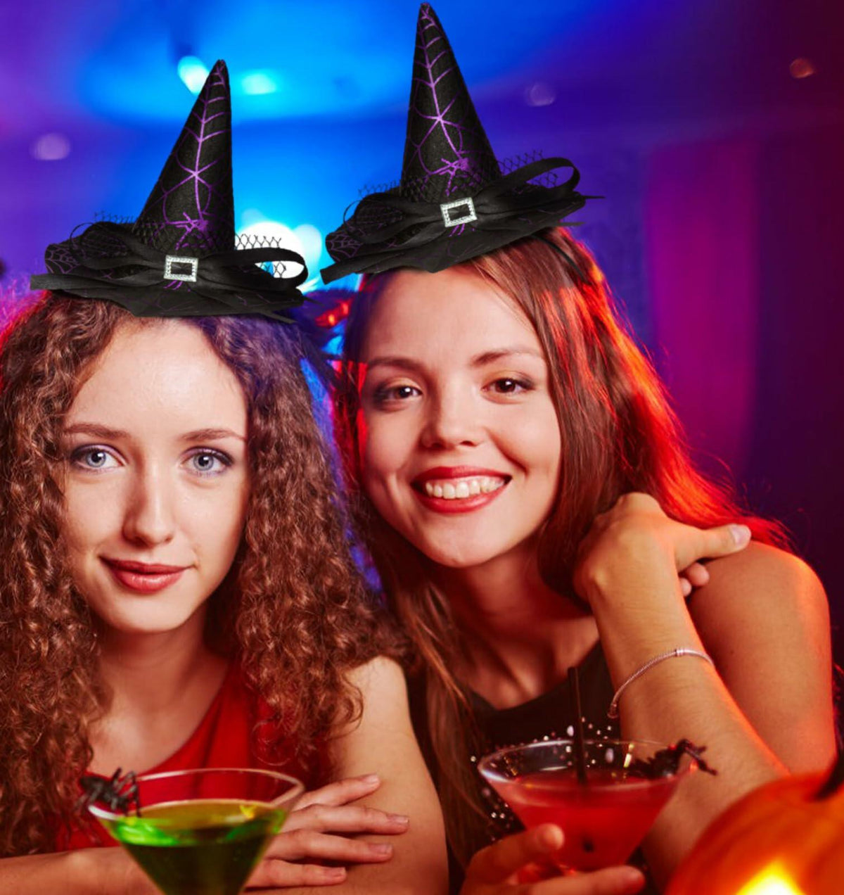 Purple witch hat headband with black bow and elastic band, worn by two people