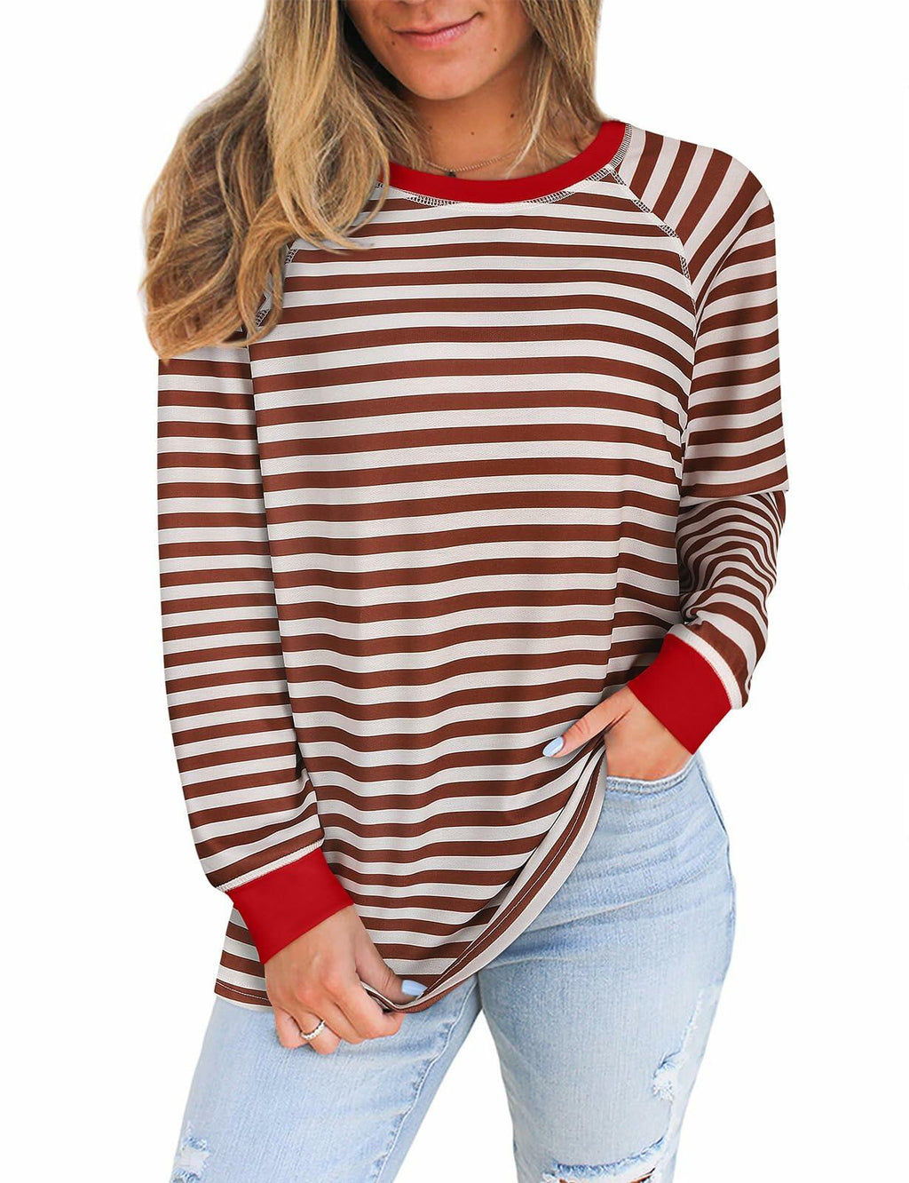 Plus size striped color-block sweatshirt in maroon, tan, and red; crew neck