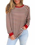 Plus size striped color-block sweatshirt in maroon, tan, and red; crew neck