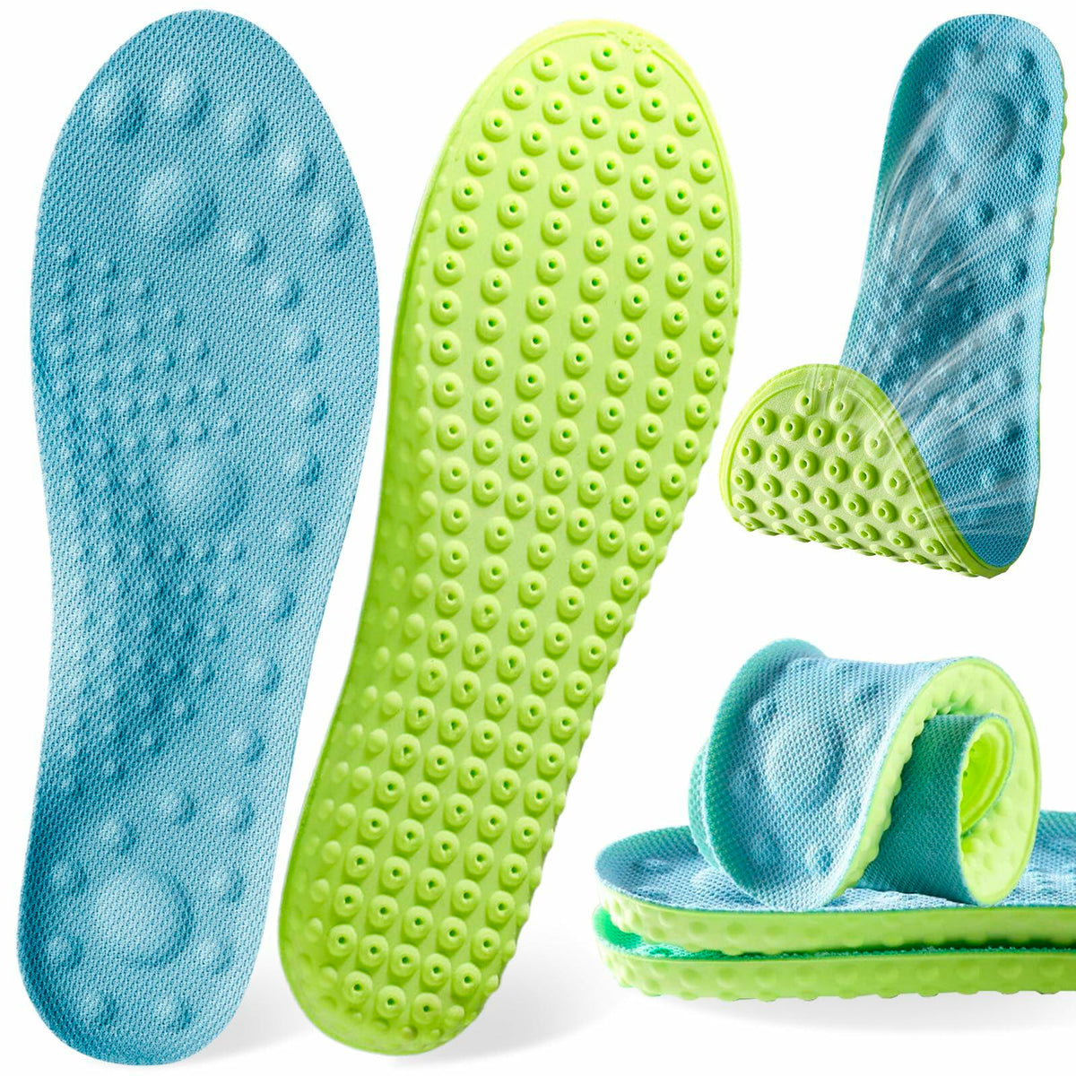 Blue and green cloud sole insoles with soft arch support and textured cushioning