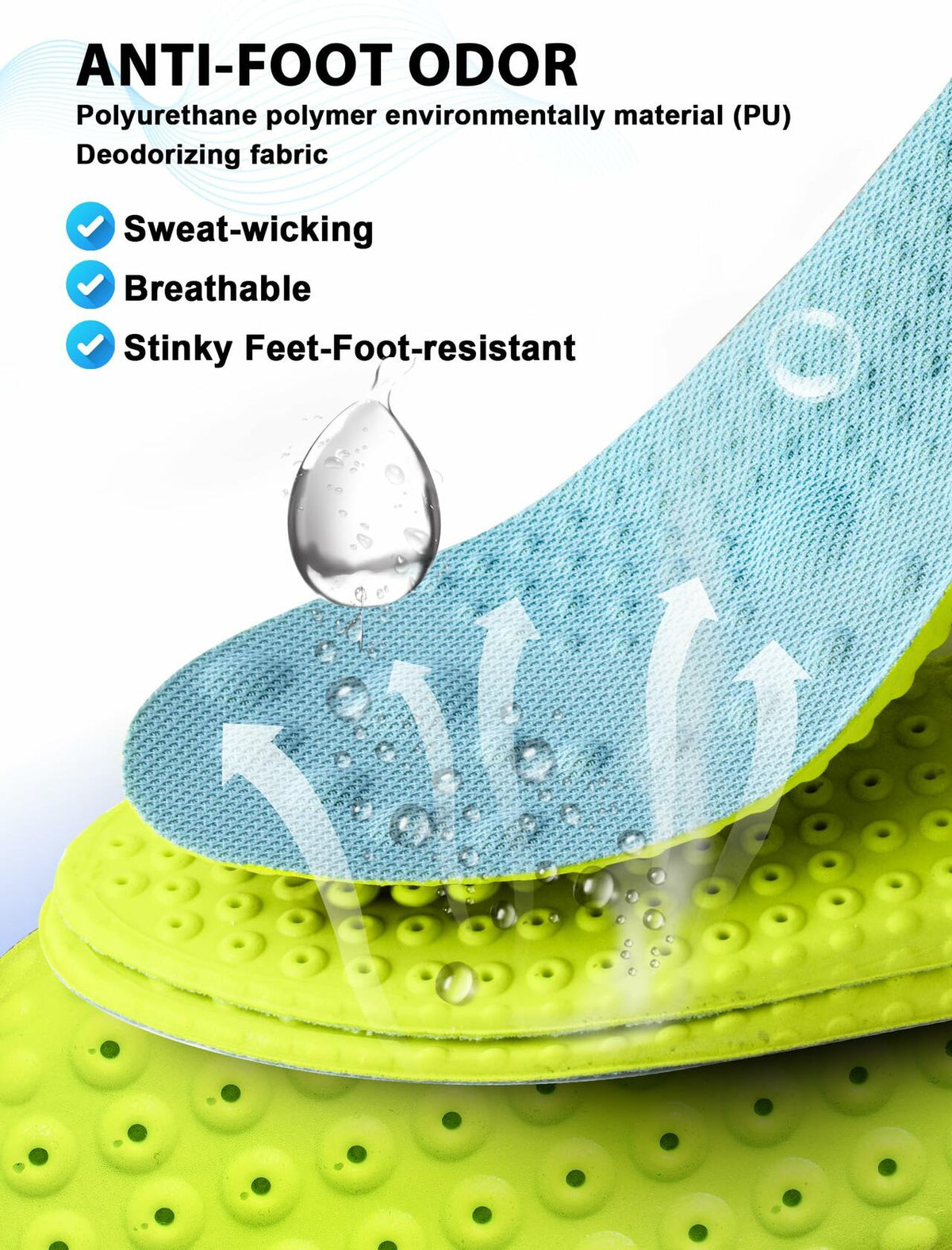 Blue deodorizing fabric top and green anti-slip base of cloud sole insoles