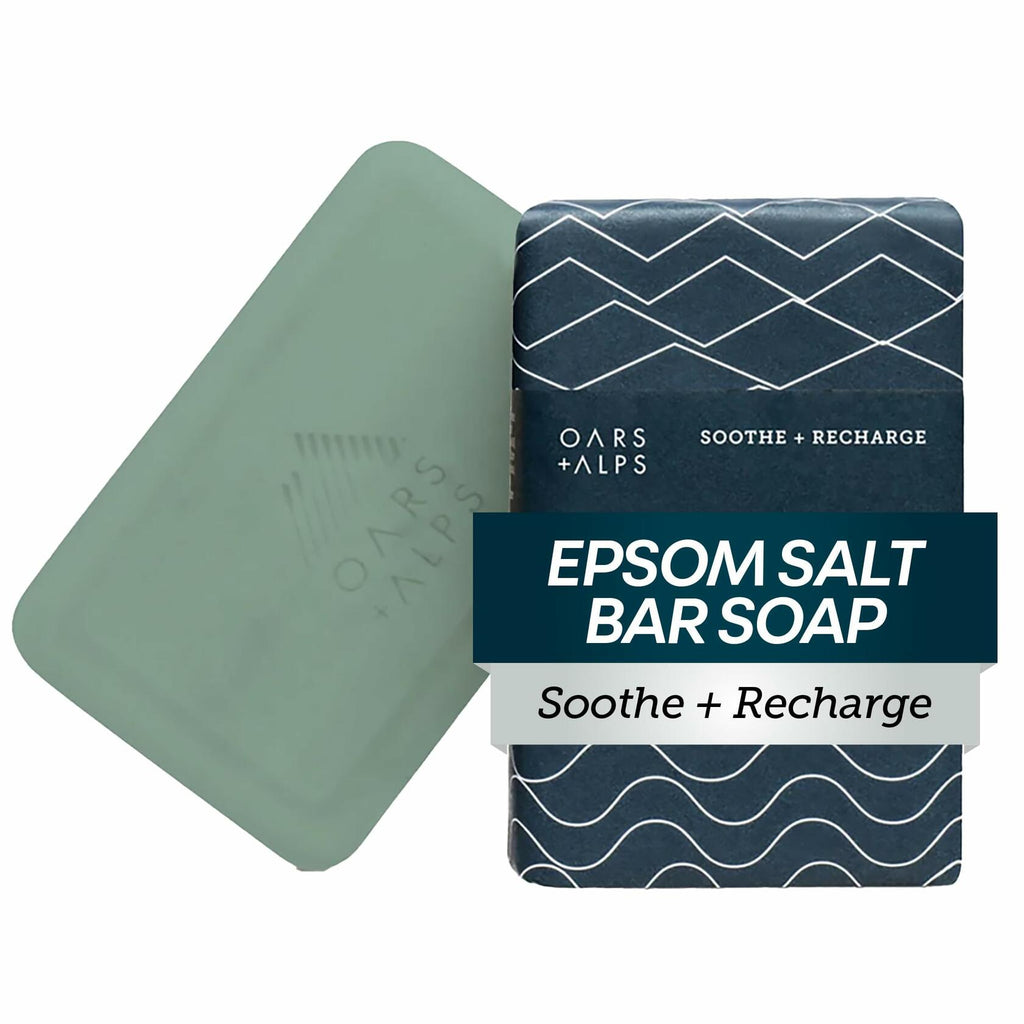 Oars + Alps Epsom Salt bar soap with box, mint-green bar, Soothe + Recharge
