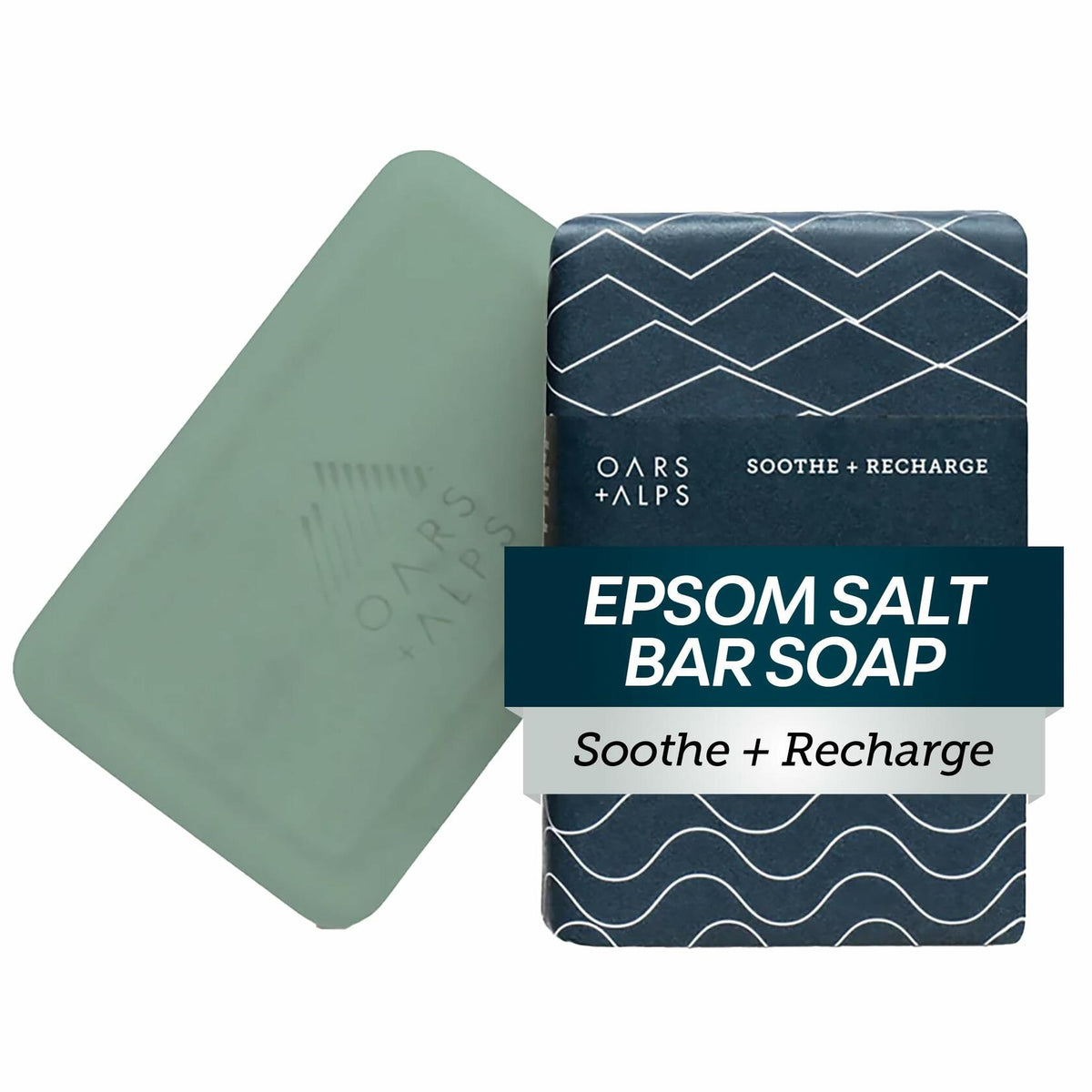 Oars + Alps Epsom Salt bar soap with box, mint-green bar, Soothe + Recharge