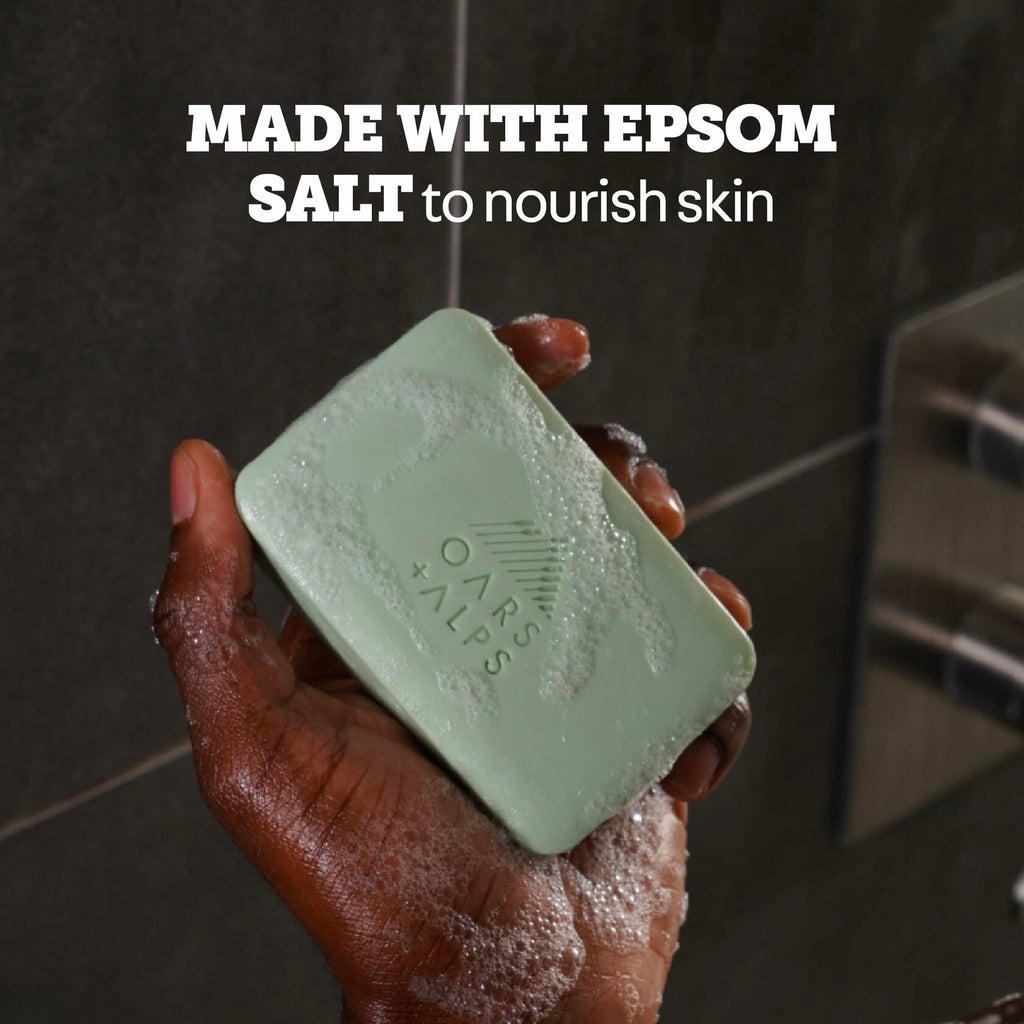 Oars + Alps Epsom Salt bar soap, mint-green bar held in hands