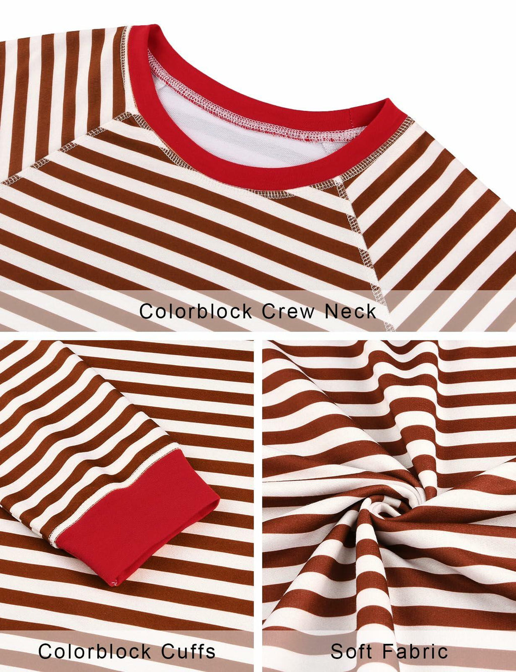 Striped color-block sweatshirt detail: crew neck and red cuffs, soft knit