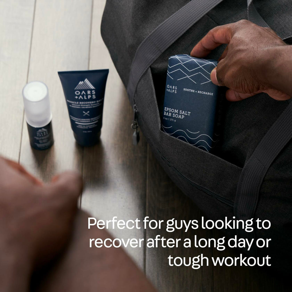 Oars + Alps Epsom Salt bar soap box inside a dark bag pocket