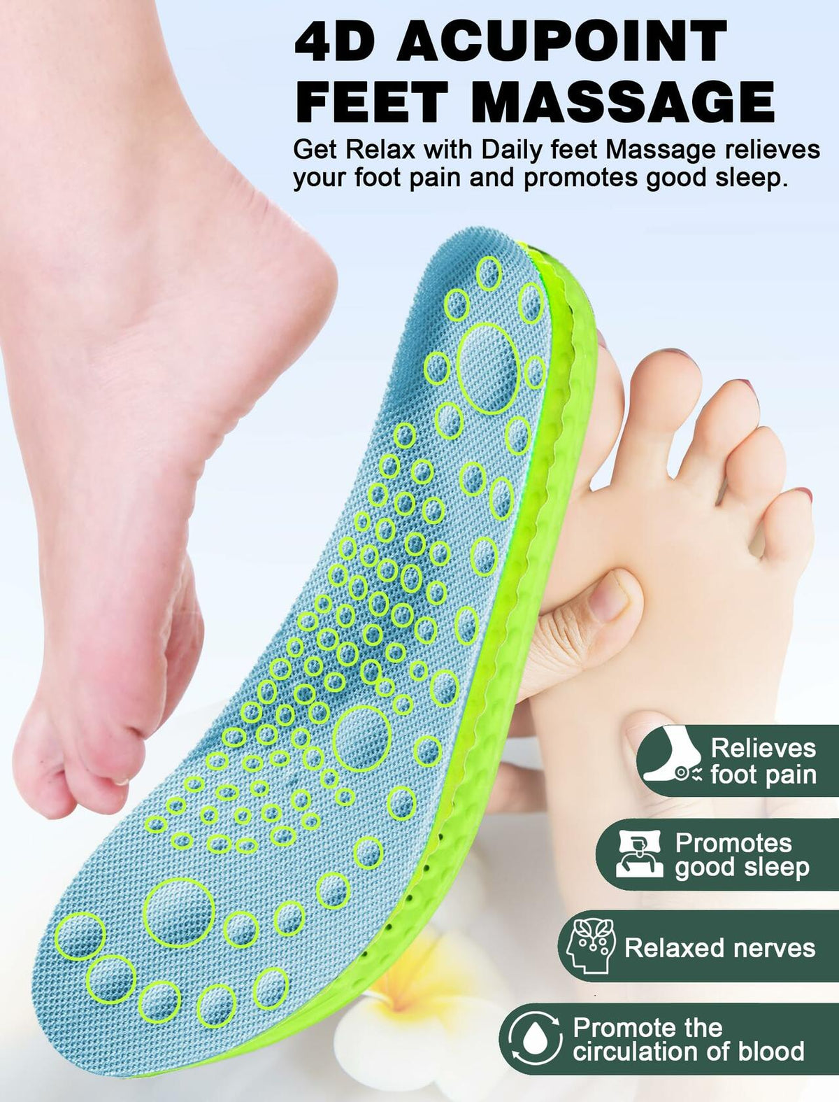 Cloud sole insole with blue top and 4D acupoint massage dots underfoot support