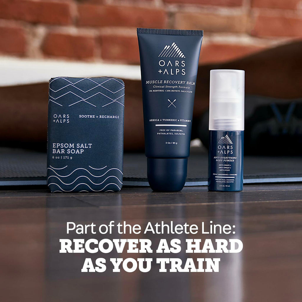 Oars + Alps Epsom Salt bar soap box with matching blue patterned wrap