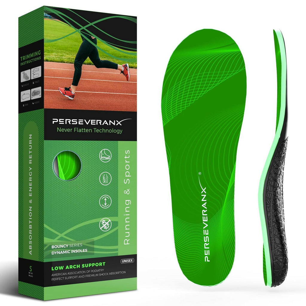 Green running insoles with PerseveranX packaging box, cushioned arch support, side view