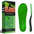 Green running insoles with PerseveranX packaging box, cushioned arch support, side view