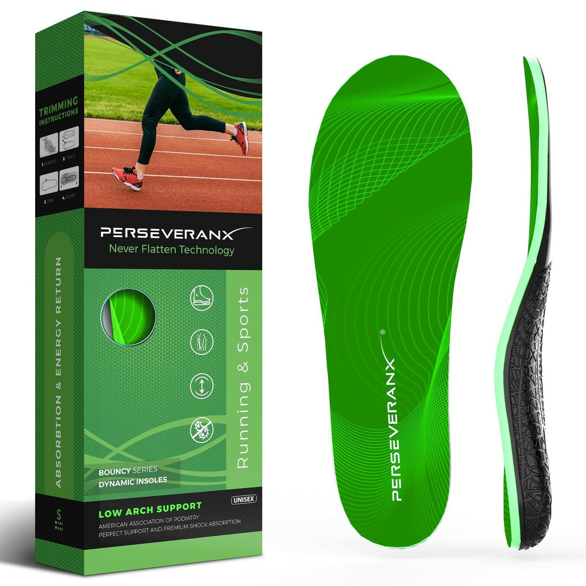 Green running insoles with PerseveranX packaging box, cushioned arch support, side view