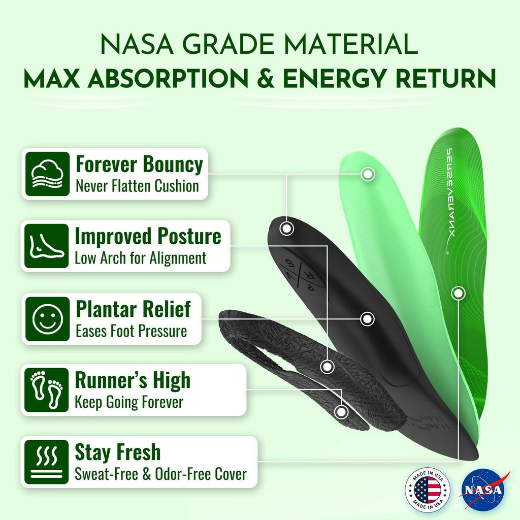 Green running insoles with dark cushioning layer and heel relief, pair shown