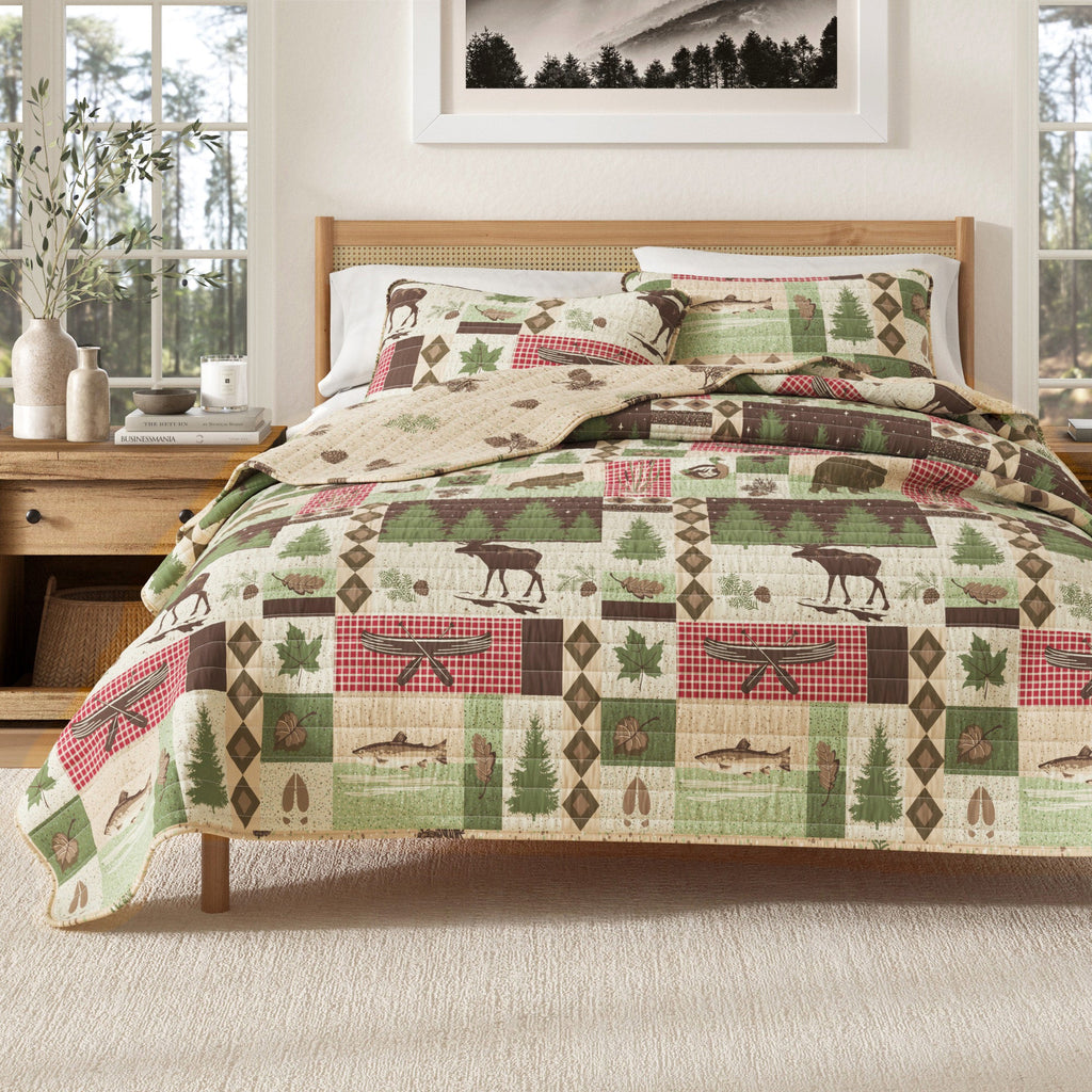 Lodge patchwork quilt set with animal, plaid, and star block pattern