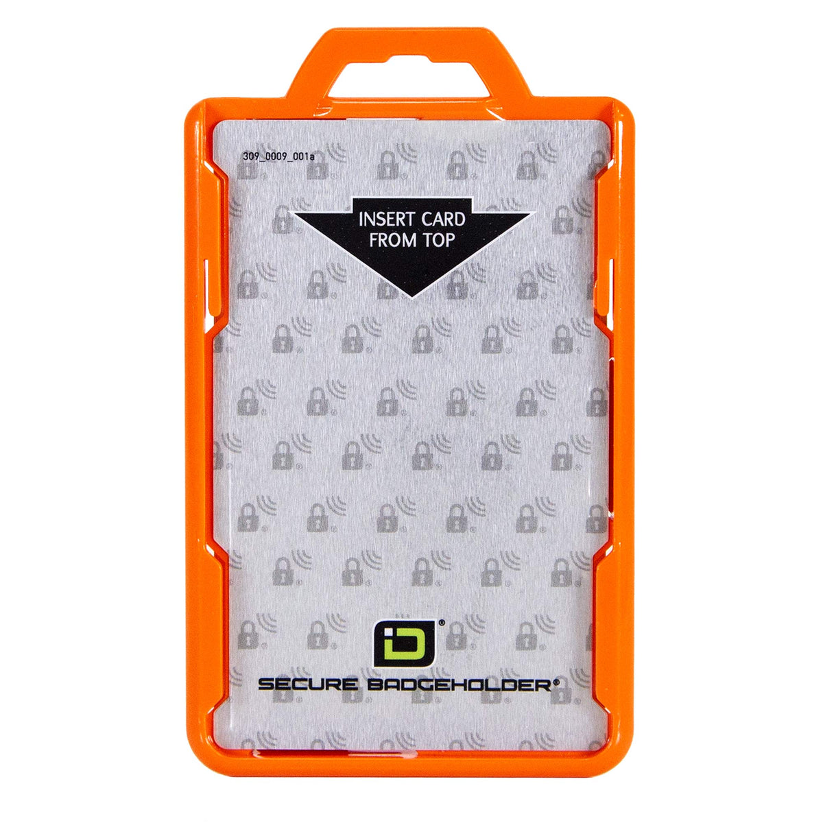 Portrait secure badge holder with orange frame, top-insert card slot for 1 ID card