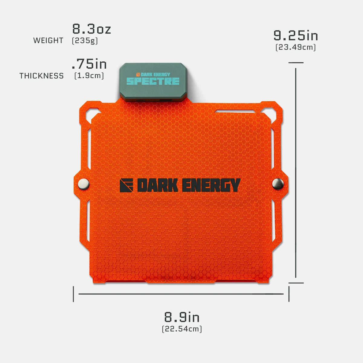 8W solar panel product outline graphic with size measurements, orange case