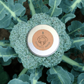 Organic broccoli seeds tin resting on green broccoli florets