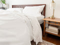 Pure white bed sheet set with crisp percale weave, neatly draped on mattress