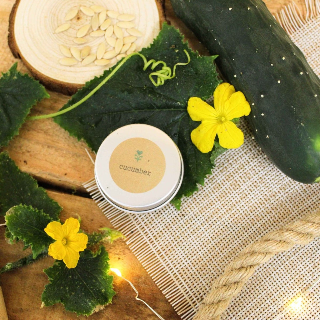 Cucumber seed tin on burlap with cucumber seeds, leaves, and yellow flower