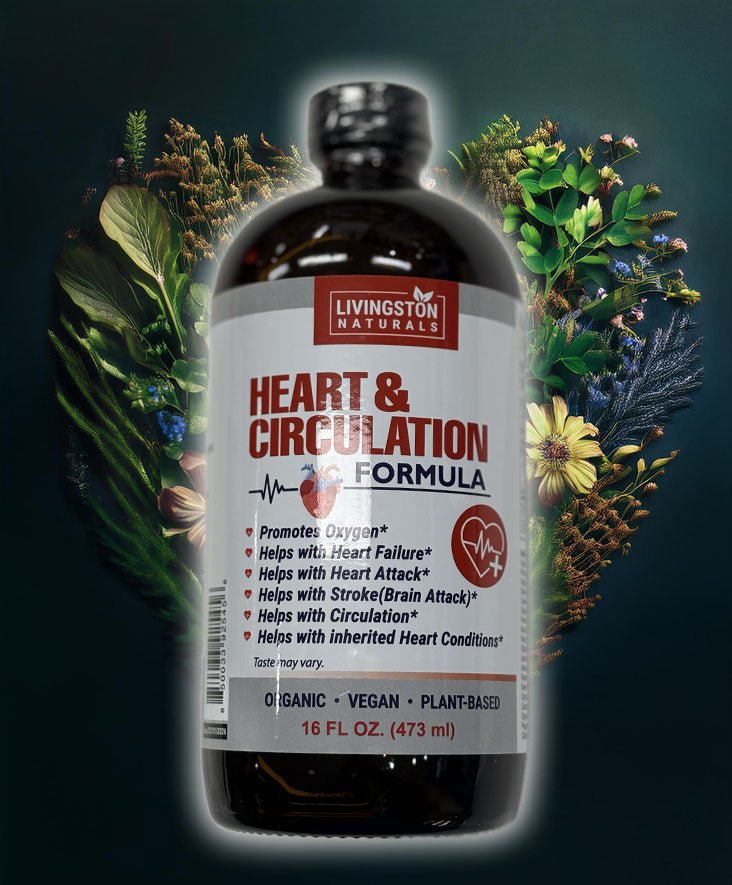Organic heart and circulation formula in a dark bottle with a white label and black cap