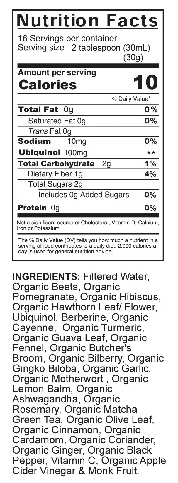 Supplement facts and ingredients label for organic heart and circulation formula