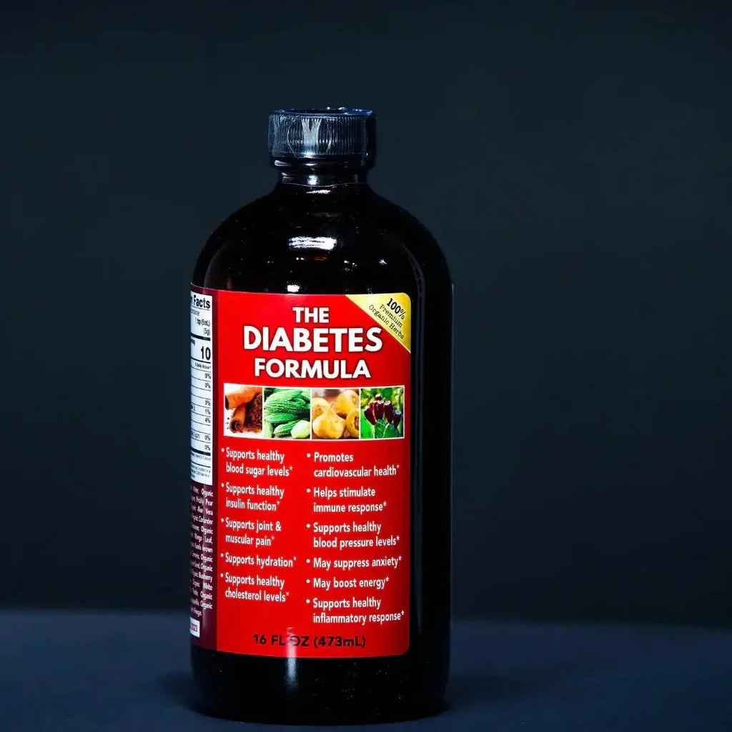 Dark herbal formula bottle with a red label and black cap