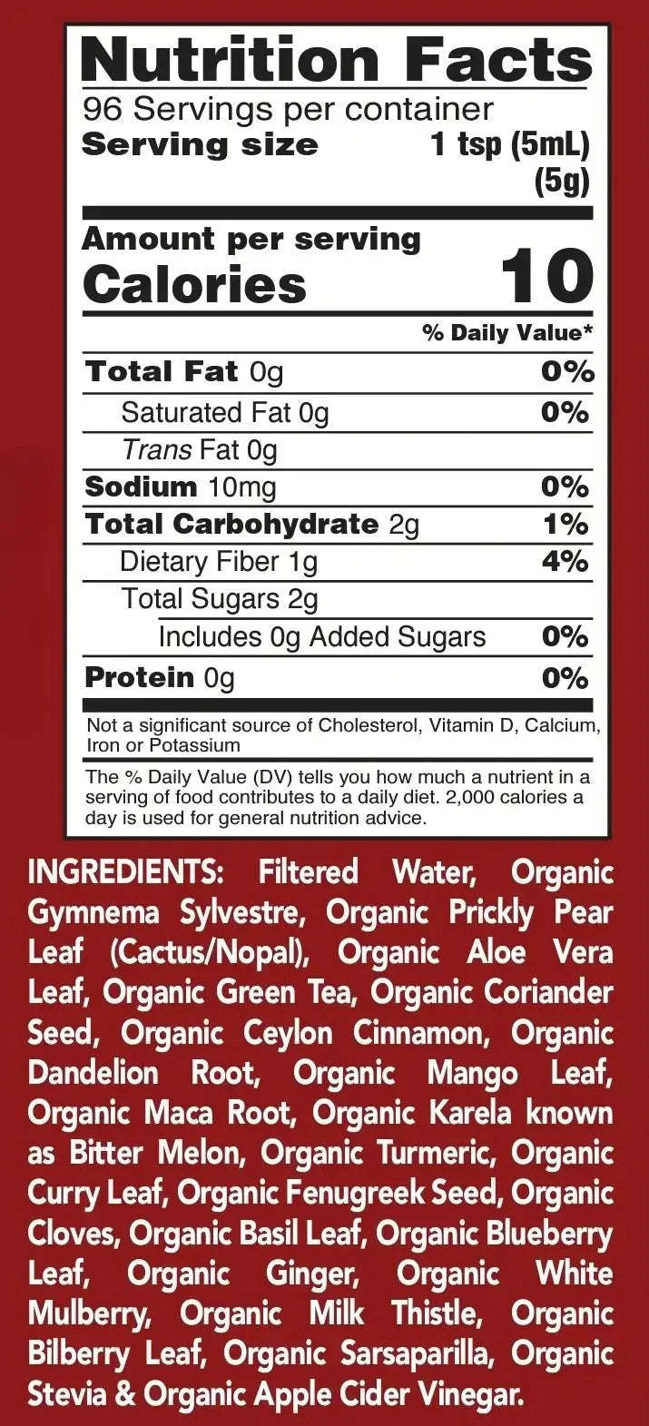 Supplement facts label listing serving size, nutrients, and herbal ingredients