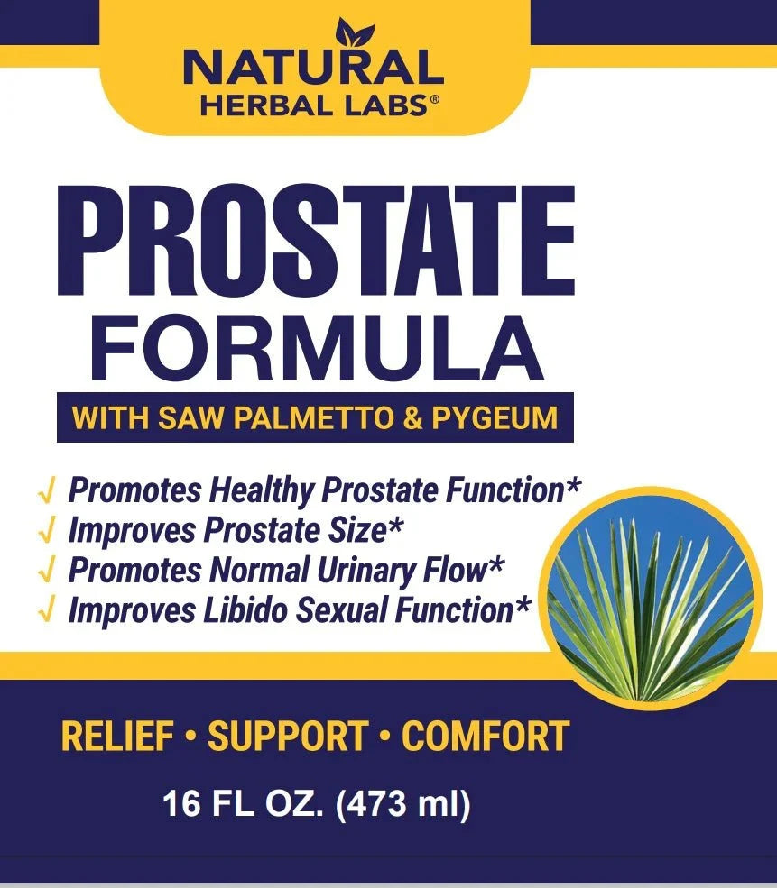 Prostate formula supplement front label with saw palmetto and pygeum details