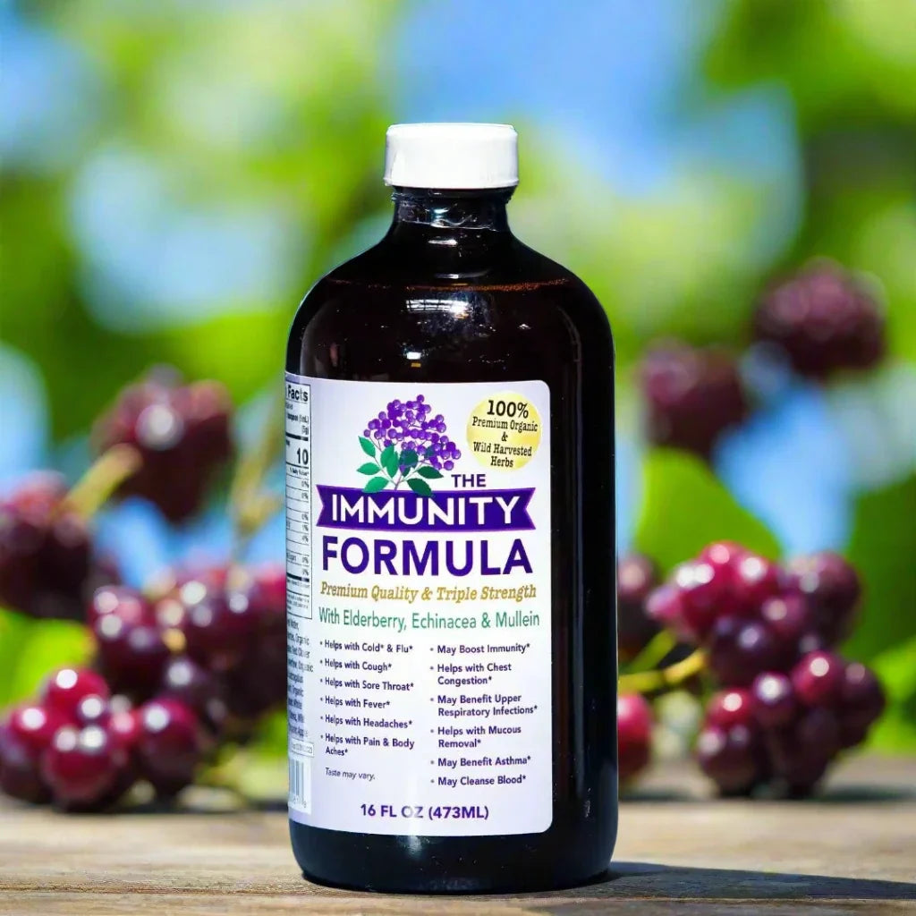 Immunity formula supplement bottle with purple label, 16 fl oz (473 mL)