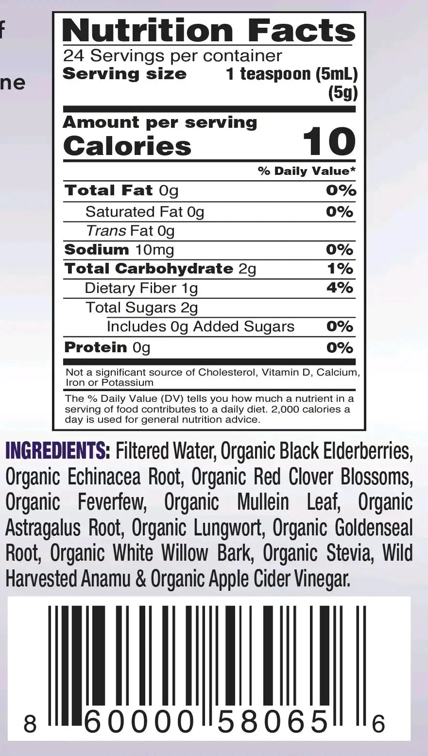 Nutrition Facts panel and ingredients list on immunity formula supplement label