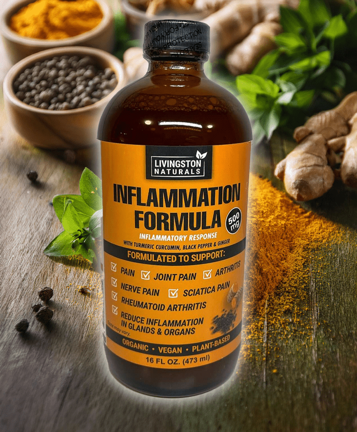 Livingston Naturals inflammation formula herbal supplement bottle, amber glass with front label