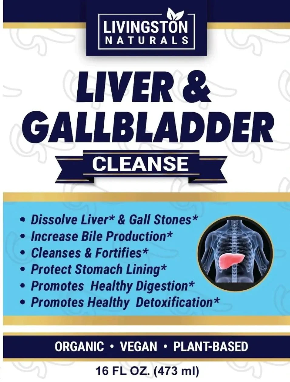 Liver and gallbladder cleanse supplement label listing benefits and 16 fl oz size
