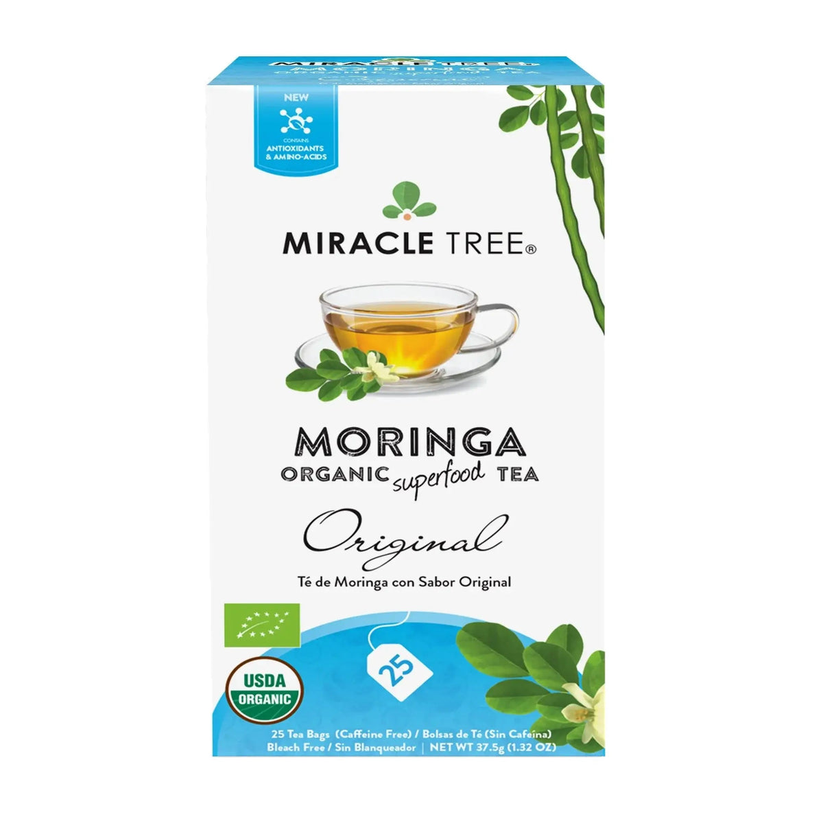 Miracle Tree Moringa organic superfood tea original box with tea cup illustration